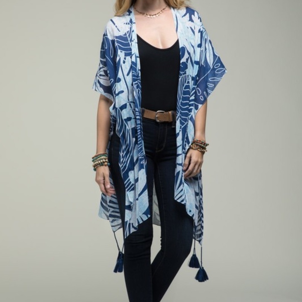 Women's Tropical Leaf Kimono Blue Cover Up One Size - Picture 5 of 5